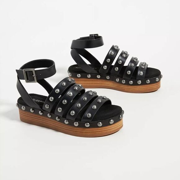 Kelsi Dagger Brooklyn Decoy Leather Sandals Platform Wedge Black Studded sz 8.5 - Picture 1 of 4